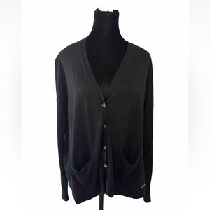 Michael Kors Black Cardigan Sz S Sweater Slouch Pockets Logo Buttons Cotton Top
